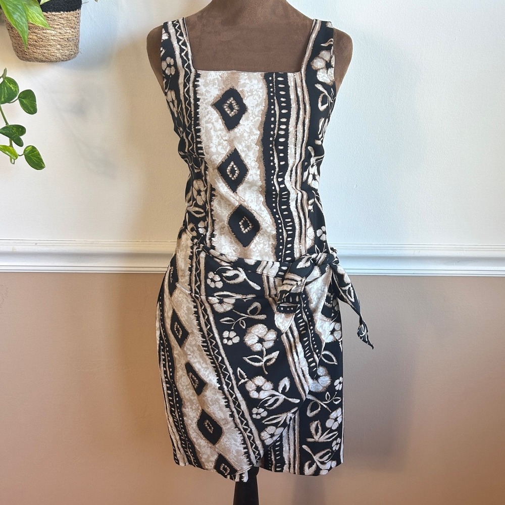Vintage Rampage Geometric Floral Batik Print Crossback Wrap Mini Dress Black Tan